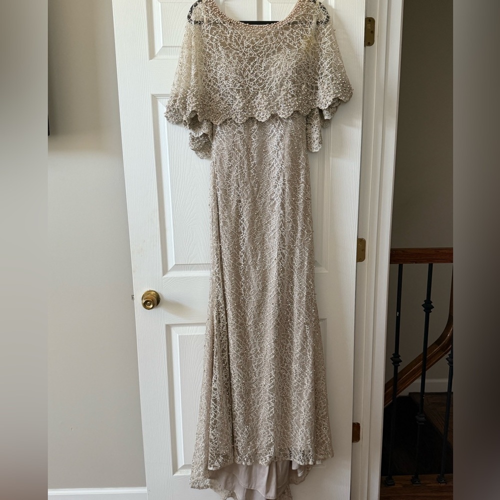 Rina diMontella taupe embellished gown